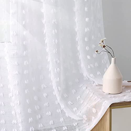 Joywell Gardinen Wohnzimmer Vorhang Stores Gardineschals Voile Pompons Fertigvorhang halbtransparent kurz mit Ösen in Leinenoptik für Schlafzimmer Kinderzimmer Weiß 138x140 cm 2er Set