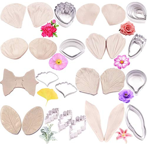 16set Gum Paste Flower Tools - 8set Gumpaste Flower Silicone Mold and 8set Stainless Steel Fondnat Cutter Gumpaste Cookie Cutter Sugarcraft Making Tools for Wedding Cake Decorating