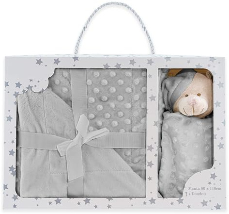 Extra filt + doudou Bear Velourated Tacto Gift Set Baby Tvättbar, Relief Textur (Grå)