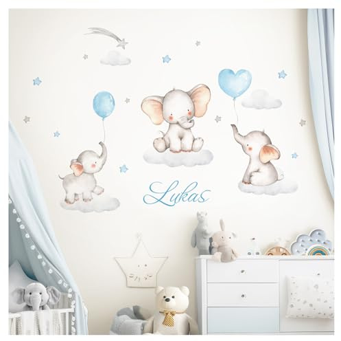 Little Deco Wandtattoo Elefanten & Wunschname I Wandbild 133 x 80 cm (BxH) I Kinderzimmer Babyzimmer Aufkleber Sticker Wandaufkleber Wolken Wandsticker Sterne DL709