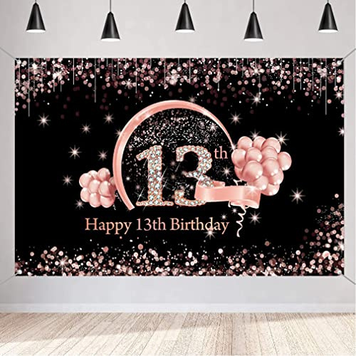 13° compleanno ragazza decorazione festone 13° compleanno banner nero e oro rosa in tessuto cartello 13° compleanno, 13° compleanno, decorazione per festa di compleanno