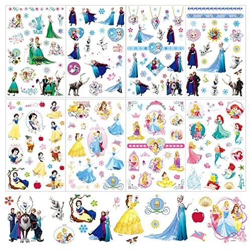 Frozen and Princess Temporary Tattoos for Kids Girls Women Adult Party Favors Birthday decoration (4 Princess and 4 Frozen Temporary Tattoo Sheets)