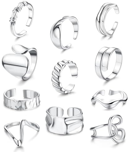 JeryWe 11PCS Offene Ringe Set für Damen Frauen Midi Verstellbare Fingerringe Silber Knöchel Ringe Set Niedliche Minimalistisch Klobig Stapelringe