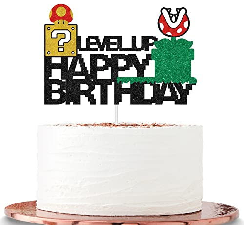 Halawawa Black Glitter Mario Happy Birthday Cake Topper, Video Game Themed Kids Boys Birthday Party Supplies