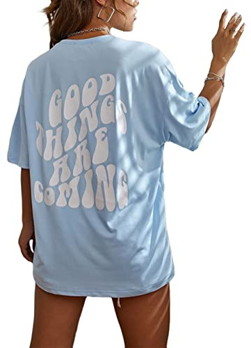 Tomwell T-Shirt Damen Kurzarm Sport Sommer Oberteile Oversize Tshirt mit Buchstaben Muster Lose Rundhals Rückendruck Bluse Teenager Mädchen Tunika Lang Top D Blau S