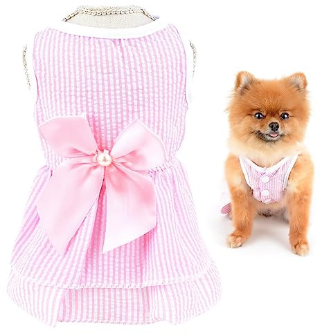 SMALLLEE_LUCKY_STORE Striped Princess Dress for Small Dogs, Pink, L | Lightweight Fabric, Tiered Skirt, Ribbon Bow, Summer Parties, Photos, Chihuahua, Yorkie, Small Breed, Puppy Sundress