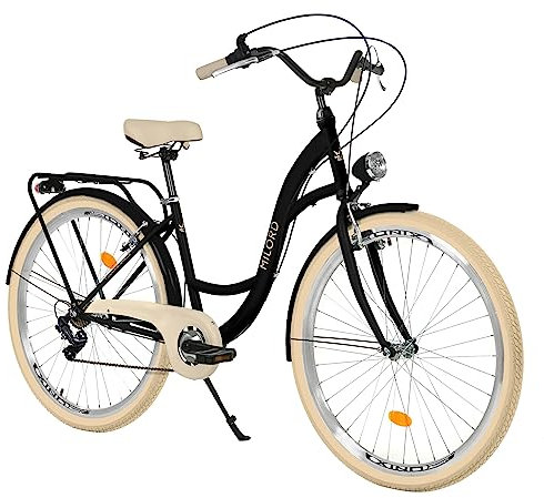 Balticuz OU Komfort Fahrrad mit Rückenträger, Hollandrad, Damenfahrrad, Citybike, Retro, Vintage, 26 Zoll, Schwarz-Creme, 7-Gang