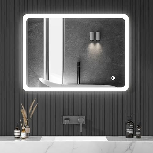 HY-RWML Badspiegel 60x80cm Beleuchtung LED Spiegel Wandspiegel 3 Lichtfarbe Badezimmerspiegel mit Beschlagfrei Touch Schalter Rechteckiger Kaltweiß 6500K IP67 energiesparend Badezimmer Wohnzimmer
