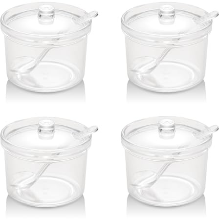 RAMFIYN Lot de 5 sucriers en acrylique avec couvercle et cuillère - Pot à sucre transparent avec couvercle et cuillère - Jolis bocaux pour sucre, sel, thé, condiments - 200 ml
