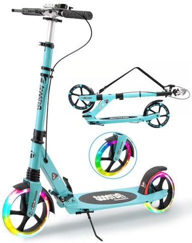 Hyiatyo Klappbar Roller Kinder 8 Jahre, LED beleuchtet Räder Cityroller Höhenverstellbar, Roller Tretroller mit handbremse und Glocke für Kinder 10 Jahre und Erwachense bis 100kg