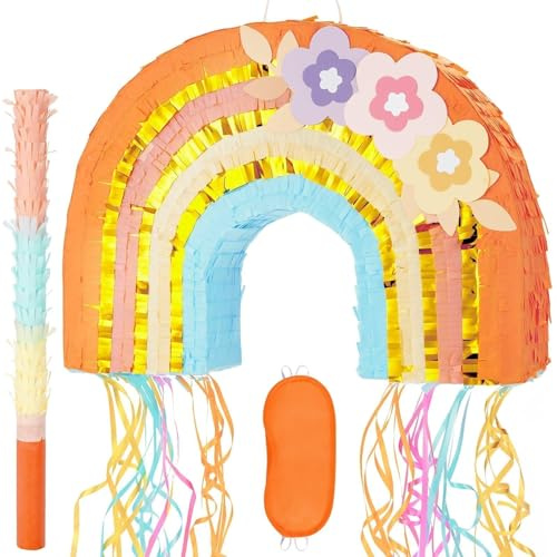 WERNNSAI Regenbogen Pinata - Geburtstag Pinata Deko Junge Mädchen Kinder Regenbogen Piñata mit Stock Augenbinde Quasten Kordelzug Geburtstagsparty Blumen Piñata Dekorationen Lustig Boho Party Spiel