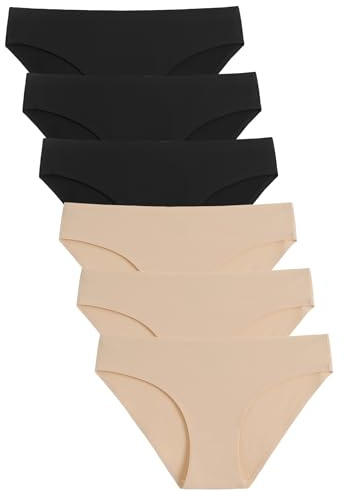 Caterlove Women's Seamless Underwear No Show Stretch Bikini Panties Silky Invisible Hipster 6 Pack (F, X-Small)