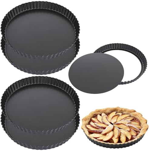 Oungy 4 Pack Quiche Dishes, 24cm Non-Stick Quiche Tins with Loose Base, Carbon Steel Flan Tin Round Flah Dish Pie Tin Pie Dish for Baking (Black)