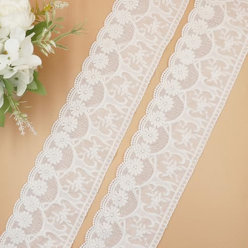 WANYIG Baumwolle Spitzenband Borten und Bänder zum Nähen 10CM Breite Stickerei Spitzenborte Dekoband Zierband Spitze Spitzenbordüre für DIY Basteln Dessous Vorhänge Hochzeit Röcke (Weiß, 2 Yards)