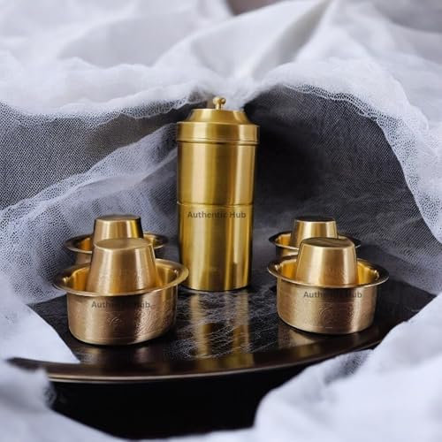 Brass Coffee Filter, 4 Cup Brass Filter with 4 Dabara, Design Dabara Set, Reusable Metal Coffee Maker, 150 ml South Indian Coffee Maker, Gift Hamper - AUTHENTIC HUB