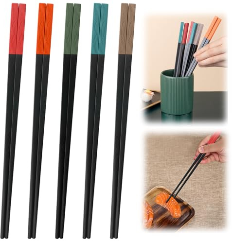 5 Paar Sushi Stäbchen, Rutschfeste StäBchen 24cm, Wiederverwendbare Fiberglas Essstäbchen, Japanische Stäbchen, Essstäbchen Spülmaschinenfest, Schwarzen Personalisiert Fisch Sprung Familien Set