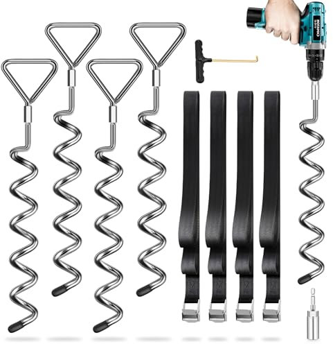 Ground Anchor for Trampoline Set of 4 – Ground Anchor with 4 Straps (2.5 m Length) – Heavy Duty Ground Anchors Resist High Wind, Ideal for Outdoor