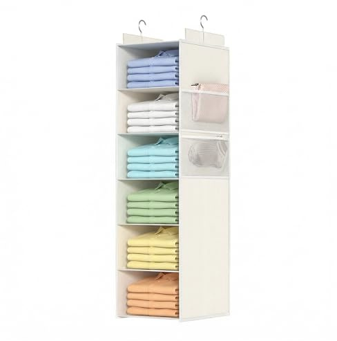 ALLTIDYUP Étagère Suspendue Pliable de Rangement de Placard et Penderie, 6 Niveaux Profonds avec Poches en Maille et Crochets Métalliques – Vêtements, Chaussures et Chapeaux, Robuste (Blanc, 1 Pièce)