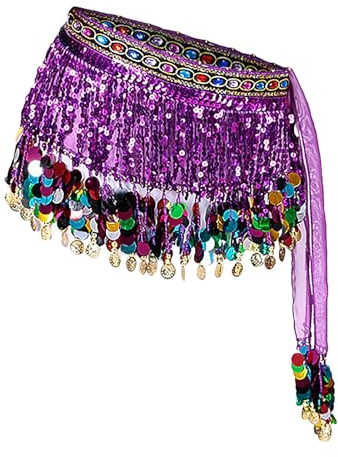 OhMill Damen Hüfttuch Sexy Bauchtanz Schal Pailletten Tanzgürtel mit Münzen Glitzer Aufführungen Kostüm Quasten Bauchtanzgürtel Für Latein Zumba Taillenkette Profi Wickelkleid Rave Wrap Hüftgürtel