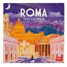 Legami - Väggkalender 2026 Rom, liten väggkalender, 12 månader och årsplanerare, engelsk, anteckningsrum, stjärntecken, internationella helgdagar, 18 x 18 cm