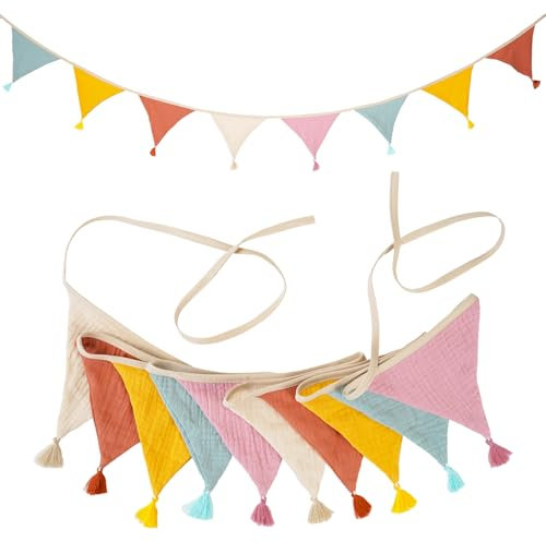 2.6m Fabric Bunting Banner with Tassel, 10PCS Multicolor Double-Sided Cotton Garland, Nursery Bunting for Baby Shower, Kids Room, Pastel Bedroom & Baby Room Decoration