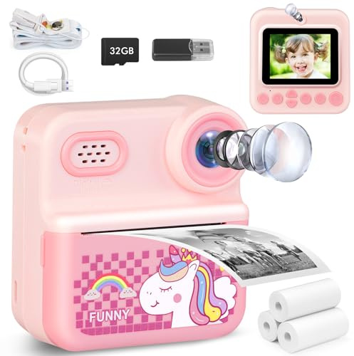 Kinderkamera, Sofortdruck mit 32-GB-Karte, 1080p-Video, 6,1 cm (2,4 Zoll) Bildschirm, doppeltes Selfie, perfektes Weihnachtsgeschenk, Geburtstagsgeschenk, tragbares Reisespielzeug, Kamera für Kinder