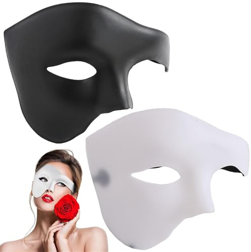 FUSHENGCHUANG 2 Pièces Masque Demi-Visage Fantôme De l'Opéra d'Halloween, Masque Fantôme Demi-Visage Borgne, Costume De Couple De Mascarade Masculin Et Féminin (Noir Et Blanc)