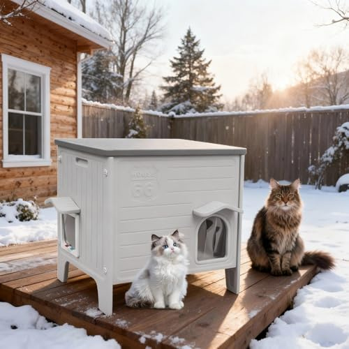Weatherproof Insulated Outdoor Cat House for Feral Cat, Plastic Elevated Cat Shelter with Escape Door, Easy Assemble, Expansive Interior‌ Grey 22.0 L x 21.0 W x 16.0 H