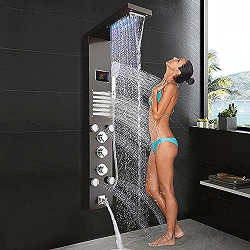 Shower Panel Wall Mounted LED Rainfall Waterfall Shower Head Rain Massage Stainless Steel Bathroom Shower Panel