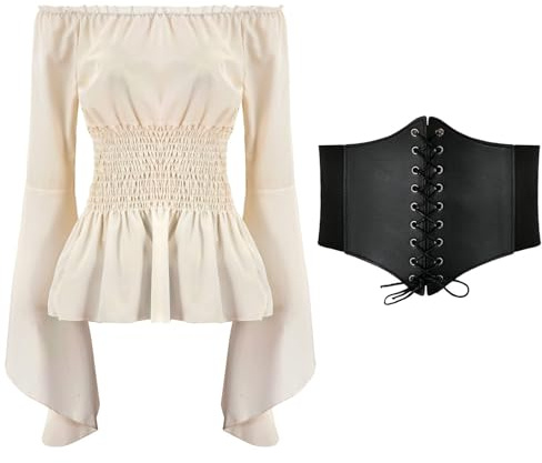 PINTUTU Camicetta Medievale Donna Renaissance Tops Carmen Blusa Pirata Senza Spalle Elastica Manica Lunga Abito Halloween Cosplay Donna Uomo