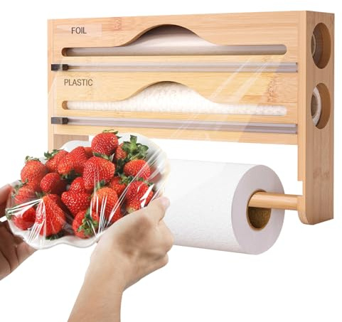 Distributeur Film Alimentaire, Distributeur De Film, 2 in 1 Distributeur Papier Aluminium, Coupe-Film Étirable, Coupe-Film Distributeur pour Cuisine Placard Frigo Organisation Film Plastique Stockage