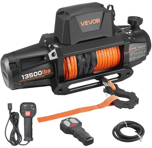 VEVOR Cabrestante Eléctrico de 12 V CC, 6100 kg, con Cuerda Sintética de Φ 9,5 mm x 28 m, Control Remoto Inalámbrico y con Cable, Resistente al Agua, para Remolcar SUV, Jeep, Remolques, Barcos