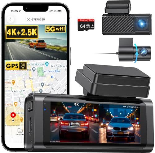 4K Dash Cam Front and Rear, 4K+2.5K Car Camera, Built-in 5.8GHz WiFi GPS, Dual Channel Dash Cams with 64GB Card, 3.16”IPS Screen, Night Vision, G-Sensor, 170°Wide Angle, Parking Mode, Loop Recording