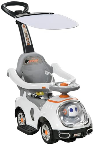 AIYAPLAY Coche Correpasillos 3 en 1 para Niños 12-36 Meses Robot Blanco | Correpasillos con Espacio de Almacenaje, Ojos Luminosos, Música, Bocina, Asa de Empuje Extraíble, Toldo Extraíble