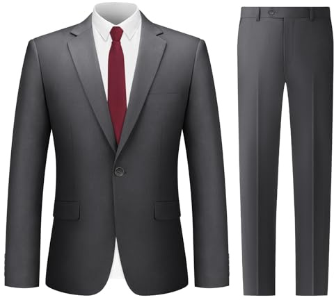 Cooper & Nelson Men's Suit 2 Piece Set, One Button Slim Fit Tuxedo with Jacket Pants Tie for Wedding, Business, Prom Dark Grey M