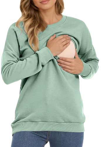 MODSGUE Sudadera de lactancia para mujer, manga larga, camiseta de lactancia, camiseta de lactancia, camiseta de manga larga, monocolor, cómoda, ropa de maternidad, suéter cálido para lactancia, verde