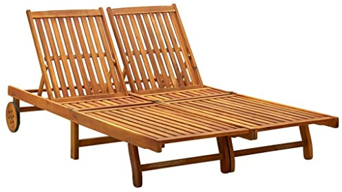 Hoopleep Double Sun Lounger Acacia Wood Adjustable for Outdoor Garden Patio Pool 199 x 118 cm Robust Solid Wood Lounger with Wheels Weather-Resistant Comfortable Deck Chair