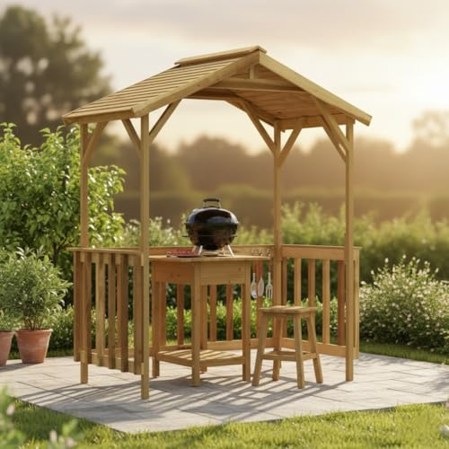 Padiglione per grigliate in legno di pino impregnato, 163,5x93x210 cm, casetta da giardino in legno con tetto spiovente, pergolato per barbecue all'aperto e feste in giardino