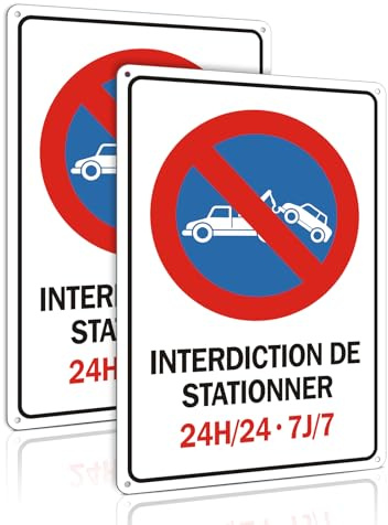 2 Pièces Panneau Interdiction De Stationner Aluminium, 24h/24 7J/7 Enseigne,Enseigne MéTallique RéFléChissante,30x20cm With Pre-Drilled Holes，Etanche, Protection Uv,Facile à Installer