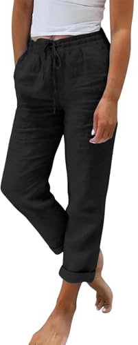 riou Pantalones Mujer Verano Frescos Ligeros Anchos Moda Lino Y Algodón Cintura Alta Pierna Recta Pantalones Vintage Transpirable Pantalón De Chándal Pantalón Largo De Playa