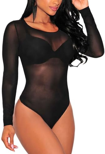 SEBOWEL Women Clubwear Long Sleeves Stretch Mesh See Through Jumpsuit Bodysuit Top Leotard Black L