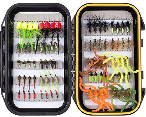 Bassdash Fliegenfischen Fliegen Set Forellenbarschangeln mit Fliegenbox, 36/64/72/76/80 / 96Stk. Mit Trockenfliegen/Nassfliegen, Nymphen, Streamers, Popper