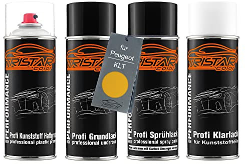 TRISTARcolor Ensemble de bombes de peinture Peinture voiture pour plastique pour Peugeot KLT Jaune Faro Perl apprêt adhérent, peinture de base, vernis transparent avec assouplissant