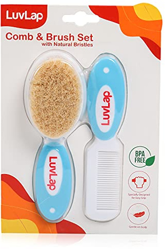 LuvLap Babykamm mit abgerundeten Spitzen & Babyhaarbürste mit Naturborsten zur besseren Prrotektion der Baby-Kopfhaut, Weiß & Blau