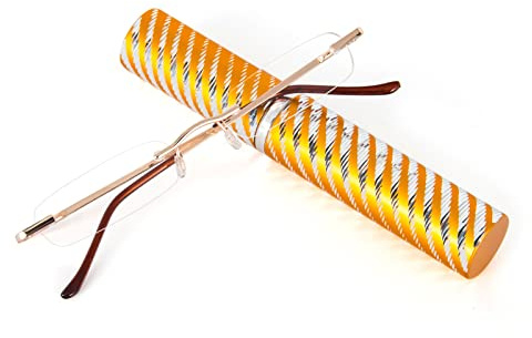 KoKoBin Schlanke Rahmenlose Lesebrille Mini-Taschenleser Sehehilfe mit Stiftetui für Damen und Herren (Gold, +1.5 Dioptrien (1er Pack))