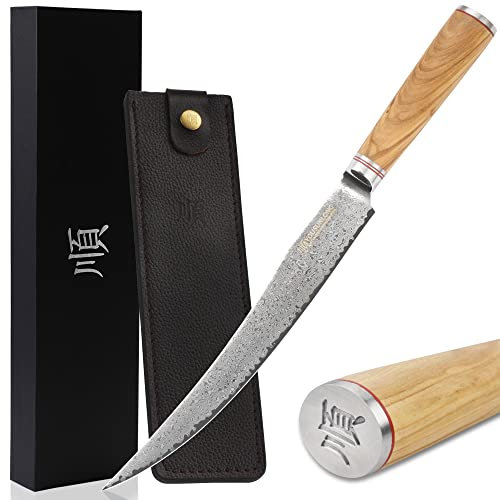 YOUSUNLONG Couteau à trancher et à découper 10 - Acier Damas japonais martelé - Lame de rasoir - Manche en bois d'olivier italien avec gaine en cuir - Trancheuse à jambon