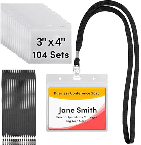 SEE-IT! 104 & 52 Qty Sets Badge Holders with Lanyards Name Tag Holders and Lanyards 3x4 Size Quick Load No Zipper Name Tag Badge id Holder Clear Plastic (104)