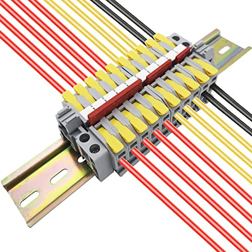 Din Rail Terminal Block, CTRICALVER Universal Class Terminal Blocks Kit, 10 pcs Yellow Wire Terminal Connectors, with Blank Marker Strips,Securing clipand Connection bar