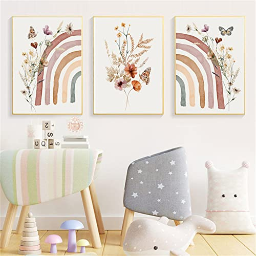Sarah Duke 3er Set Poster Regenbogen Blume Schmetterling Kinderzimmer Deko, Boho Deko Wandbilder Kinderzimmer Babyzimmer Poster Bilder Mädchen Jungen, Ohne Rahmen (40x50cm)