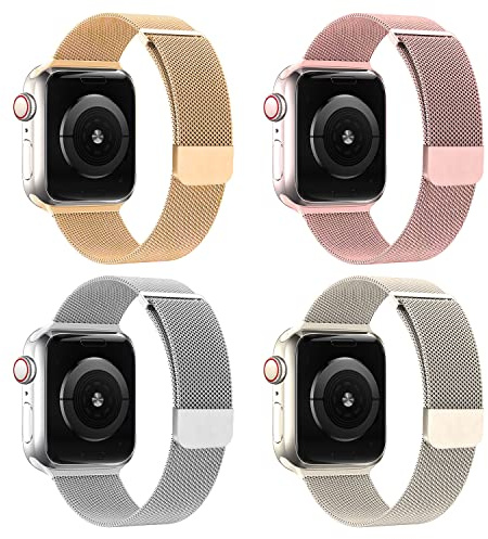 GURINA Lot de 4 bracelets en métal compatibles avec Apple Watch 44 mm, 42 mm, 45 mm, 49 mm, boucle magnétique en maille d'acier inoxydable compatible avec iWatch Ultra SE Series 8 7 6 5 4 3 2 1
